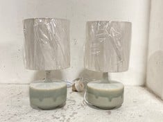 3 X JOHN LEWIS GLAZED SMALL TABLE LAMPS SET OF 2 LINEN SHADE GLAZED GREEN FINISH