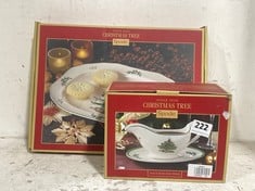 SPODE CHRISTMAS TREE SAUCE BOAT AND STAND TO INCLUDE SPODE CHRISTMAS TREE SCULPTED PLATTER