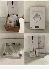 BOX OF ASSORTED BATHROOM ITEMS TO INCLUDE JOHN LEWIS DIGITAL GLASS SCALE