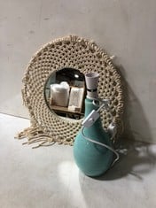 1 X STONE THE CROWS SM.TEARDROP LAMP BASE - LIGHT BLUE - HEIGHT 30 CMS - TOTAL RRP £60 AND 2 X STONE THE CROWS MEDIUM CLASSIC MACRAME MIRROR - - TOTAL RRP £120