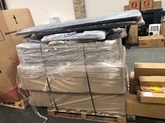 PALLET OF ASSORTED BED BASES / HEADBOARDS / PARTS TO INCLUDE APPROX 180CM HEADBOARD IN DARK GREY VELVET (ZONE 1) (KERBSIDE PALLET DELIVERY)