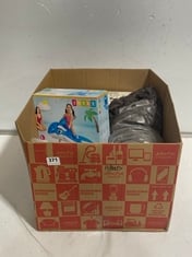 BOX OF ASSORTED ITEMS TO INCLUDE INTEX INFLATABLE POOL DOLPHIN RIDE ON