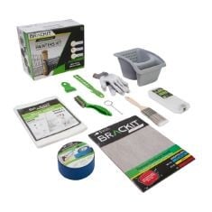 9 X BRACKET PAINTER’S KIT - 15 PIECE - FOR CLEANING, PAINTING FOR GATES, BENCHES, STAIRS AND MORE - PAINT STIRRER, TIN OPENER, PAINT KETTLE, MASKING TAPE, GLOVES, SANDPAPER SHEETS, DROP SHEET.