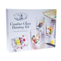 19 X HOUSE OF CRAFTS CREATIVE GLASS PAINTING, SINGLE CRAFT KIT SET, MULTICOLOURED, INCLUDES CANDLE GLASS X 4, GOLD PEEL-OFF OUTLINES, GLASS PAINTS X 5 COLOURS, ARTIST’S BRUSH, INSTRUCTIONS.