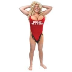 HAIRY MARY RED BRAZILIAN LIFEGUARD ALL-IN-ONE COSTUME FOR ADULT - HILARIOUS DESIGN, PERFECT FOR SPORTS & GAMES, STAG DO, BEACH, & POOL PARTIES, SMIFFYS MAID MARION COSTUME, BURGUNDY WITH DRESS & HEAD