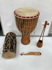 4 X ASSORTED MUSICAL ITEMS TO INCLUDE SMALL BONGO DRUM