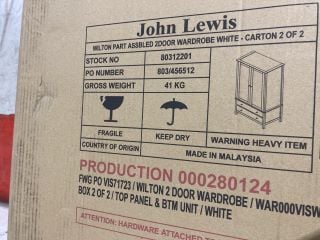 JOHN LEWIS WILTON PART ASSEMBLED 2 DOOR WARDROBE PART 2 ONLY WHITE RRP £375