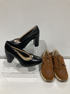 QTY OF ASSORTED ITEMS TO INCLUDE CLARKS SHOES BLACK SIZE 5 AND INCLUDE JOSEF SEIBEL SHOES  GOLD/BROWN SIZE 36