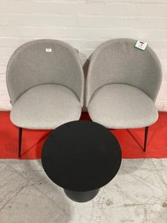 QTY OF ITEMS TO INCLUDE 2 HALLOWOOD SCANDINAVIAN FABRIC CHAIR SET GREY & SMALL METAL BLACK COFFEE TABLE £200