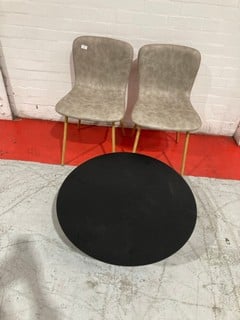 QTY OF ITEMS TO INCLUDE HALLOWOOD CULLOMPTON GREY FAUX LEATHER DINING CHAIRS , BLACK SMALL ROUND TABLE £250