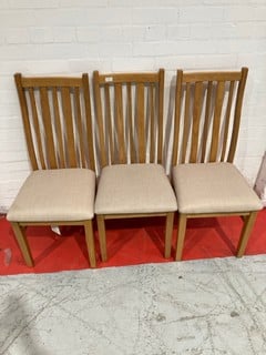 3X HALLOWOOD SOLID OAK DINING CHAIRS WITH BEIGE FABRIC SEAT £160