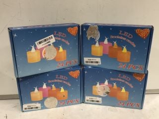 BOX OF ASSORTED CELEBRATION ITEMS TO INCLUDE PINK BAUBLES, 24 PC LED SMOKELESS CANDLES