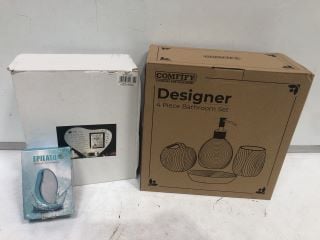 BOX OF ASSORTED HOUSEHOLD ITEMS TO INCLUDE DESIGNER 4 PC BATHROOM SET, VILLEROY & BOCH SAUCERS