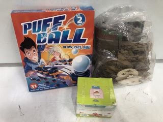 BOX OF ASSORTED CHILDRENS ACTIVITIES TO INCLUDE PUFF BALL, DUMMY ELF SURVEILLANCE CAMERA