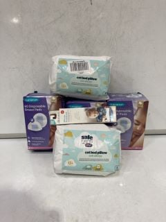 BOX OF ASSORTED ITEMS TO INCLUDE ANTI ALLERGY COT BED PILLOW, DISPOSABLE BREAST PADS