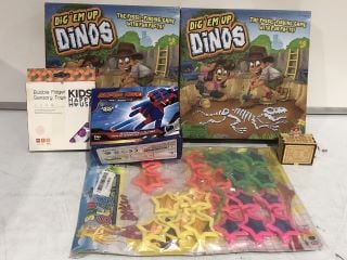 BOX OF ASSORTED CHILDRENS TOYS TO INCLUDE DIG 'EM UP DINOS, SEW & SO ON FELT PENGUIN KIT