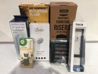 BOX OF ASSORTED GENERAL ITEMS TO INCLUDE AIR HAMMER INFLATION PUMP, SET OF 8 PIECE RISERS