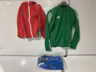 QTY OF ASSORTED CLOTHING ITEMS TO INCLUDE GREEN ADIDAS TRACK JACKET SIZE SMALL