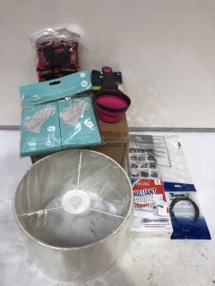 BOX OF ASSORTED GENERAL ITEMS TO INCLUDE DRUM EASY FIT CREAM LAMP SHADE, 2 X REFLECTIVE RED VESTS