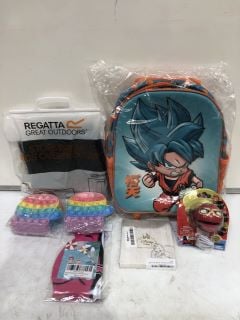 BOX OF ASSORTED CHILDRENS ITEMS TO INCLUDE REGATTA STORMBREAK KIDS OVERTROUSER, DRAGON BALL BLUE / ORANGE BACKPACK