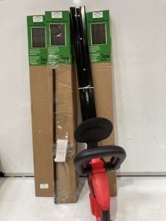 QTY OF ASSORTED ITEMS TO INCLUDE 4 X 150CM DROP BLINDS, GREENGOO HEDGE TRIMMER