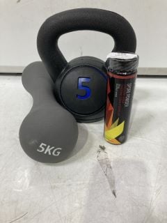 QTY OF ASSORTED ITEMS TO INCLUDE OGX SPORE POWDER, 5LBS KETTLE BELL, DTX DUMBELL 5KG X2