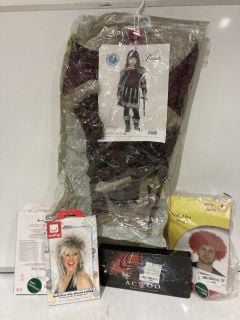 BOX OF ASSORTED FANCY DRESS ITEMS TO INCLUDE A RED WIG AND SPIDERMAN COSTUME