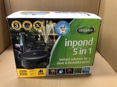 BLAGDON INPOND 5-IN-1 2000 EASY CARE CLEAN POND SOLUTION, 10W POND PUMP & FILTER WITH UV CLARIFIER FOR ALGAE CONTROL AND CLEAR WATER, LED LIGHT, 3 FOUNTAIN HEADS, FOR PONDS UP TO 2,000L, BLACK.: LOCA