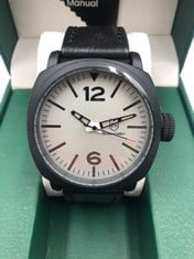 MENS FRANK SCHMIDT WATCH BLACK - BLACK LEATHER STRAP - 3ATM WATER RESISTANT - GREEN LEATHER STITCHED BOX - WHITE FACE BLACK HANDS: LOCATION - TOP 50