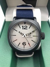 MENS FRANK SCHMIDT WATCH BLACK - BLUE FABRIC STRAP - 3ATM WATER RESISTANT - GREEN LEATHER STITCHED BOX - WHITE FACE BLACK HANDS: LOCATION - TOP 50