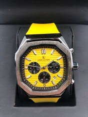 MENS LOUIS LACOMBE CHRONOGRAPH WATCH - 3 SUBDIALS - GOLD COLOUR CASE - YELLOW RUBBER STRAP - EST £375: LOCATION - TOP 50