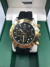 MENS FRANK SCHMIDT WATCH GOLD - BLACK RUBBER STRAP - GOLDEN BASE - GOLDEN HANDS - 3 SUB HANDS - BLACK FACE - GREEN LEATHER BOX: LOCATION - TOP 50