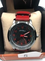 MENS L.A BANUS WATCH RED - BROWN STITCHED LEATHER BOX - RED LEATHER STRAP - BLACK FACE - CHROME BODY: LOCATION - TOP 50