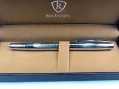 RUCKSTUHL STEEL BALLPOINT PEN - CHROMATIC STEEL BODY - INK COLOUR BLACK - BLACK LEATHER BOX - PEN ENGRAVINGS: LOCATION - TOP 50