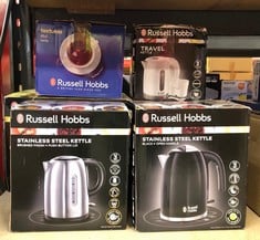 QUANTITY OF KITCHEN & APPLIANCES ITEMS TO INCLUDE RUSSELL HOBBS BLACK STAINLESS STEEL 1.7L CORDLESS ELECTRIC KETTLE WITH BLACK HANDLE (FAST BOIL 3KW, REMOVABLE WASHABLE ANTI-SCALE FILTER, PULL TO OPE