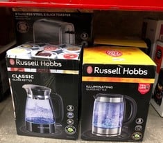 QUANTITY OF KITCHEN & APPLIANCES ITEMS TO INCLUDE RUSSELL HOBBS ILLUMINATING 1.7L ELECTRIC CORDLESS GLASS KETTLE WITH BLACK/BRUSHED STAINLESS STEEL ACCENTS (FAST BOIL 3KW, WASHABLE ANTI-SCALE FILTER,