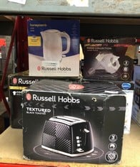 QUANTITY OF KITCHEN & APPLIANCES ITEMS TO INCLUDE RUSSELL HOBBS 26394 TEXTURED 2 SLICE TOASTER, TACTILE 3D DESIGN BREAD TOASTER WITH FROZEN, CANCEL AND REHEAT SETTINGS, 850 WATTS, BLACK: LOCATION - D