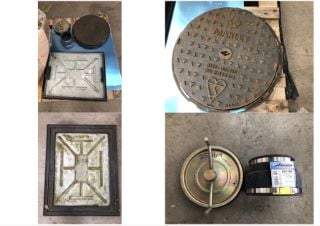 PALLET OF ASSORTED METAL PLUMBING ITEMS TO INCLUDE MARLEY CAST IRON MANHOLE COVER: LOCATION - REAR FLOOR(COLLECTION OR OPTIONAL DELIVERY AVAILABLE)