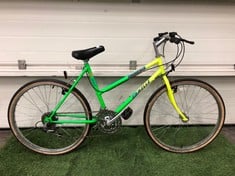 EMMELLE NEMESIS UNISEX BIKE IN GREEN YELLOW FADE SHIMANO GEARS: LOCATION - FRONT FLOOR(COLLECTION OR OPTIONAL DELIVERY AVAILABLE)