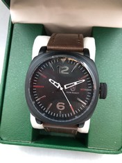 MENS FRANK SCHMIDT WATCH BLACK DIALS WITH BROWN LEATHER STRAP AND A GIFT BOX: LOCATION - TOP 50 RACK