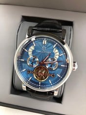 MENS VONLANTHEN WATCH WITH BLUE DIALS AND BLACK LEATHER STRAP WITH A GIFT BOX : LOCATION - TOP 50 RACK