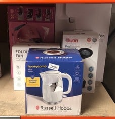 QUANTITY OF KITCHEN & APPLIANCES ITEMS TO INCLUDE RUSSELL HOBBS HONEYCOMB ELECTRIC 1.7L CORDLESS KETTLE (FAST BOIL 3KW, WHITE PREMIUM PLASTIC, MATT & HIGH GLOSS FINISH, REMOVABLE WASHABLE ANTI-SCALE