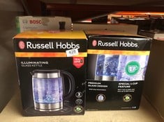 QUANTITY OF KITCHEN & APPLIANCES ITEMS TO INCLUDE RUSSELL HOBBS ILLUMINATING 1.7L ELECTRIC CORDLESS GLASS KETTLE WITH BLACK/BRUSHED STAINLESS STEEL ACCENTS (FAST BOIL 3KW, WASHABLE ANTI-SCALE FILTER,