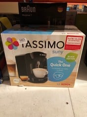 QUANTITY OF KITCHEN ITEMS TO INCLUDE TASSIMO BY BOSCH SUNY 'SPECIAL EDITION' TAS3102GB COFFEE MACHINE,1300 WATT, 0.8 LITRE - BLACK + BRAUN MULTIQUICK 7: LOCATION - F