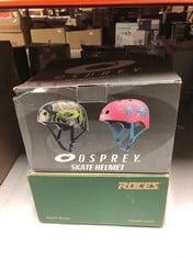 QUANTITY OF SPORTS & EXERCISE ITEMS TO INCLUDE OSPREY BIKE HELMET | ADJUSTABLE SKATEBOARDING, SCOOTER AND BMX HIGH IMPACT HELMET, MULTIPLE COLOURS, CAMO SIZE XS: LOCATION - H