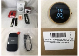 QUANTITY OF ASSORTED TECH ITEMS  TO INCLUDE SANDISK 1TB PORTABLE SSD, MODEL SDSSDE30-1T00.: LOCATION - E