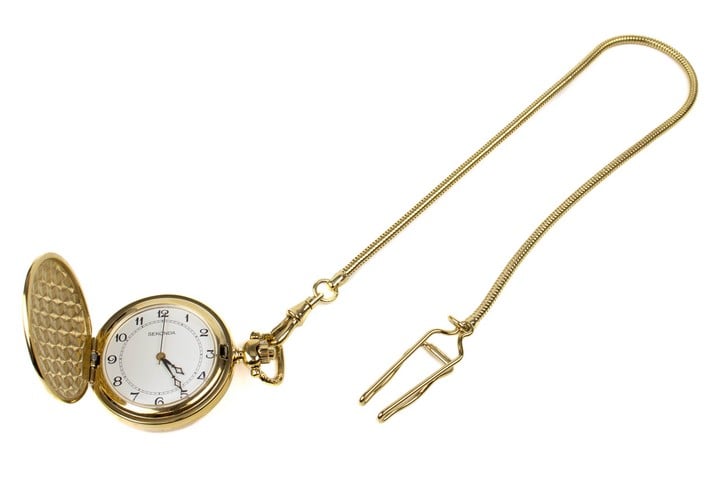 Sekonda Quartz Half Hunter Pocket Watch, Model: 3799 Gold Plated Steel Case and Chain, 34cm. Brief Condition Report: Ex Display (Not Currently Running) (VAT Only Payable on Buyers Premium)