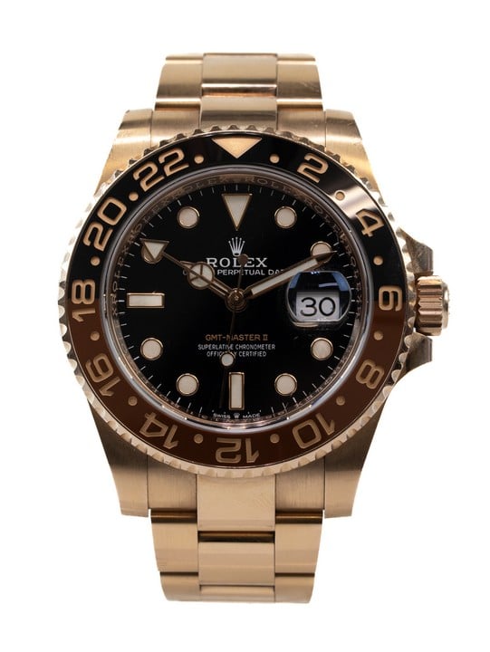 Rolex GMT-Master II "Rootbeer" Automatic Watch - Case: 18ct Rose Gold "Rootbeer" Bezel, Black Dial - Bracelet: 18ct Rose Gold Oyster Link Bracelet