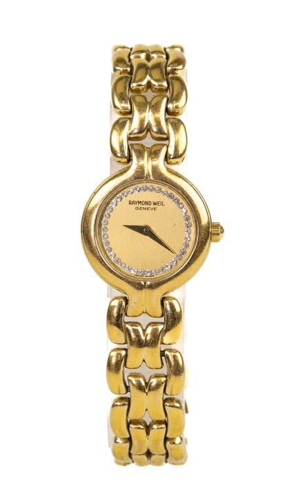 Raymond Weil Quartz Watch, Model: 5876 Yellow Dial with Clear Stones Gold Plated Stainless Steel Bracelet. Brief Condition Report: Signs of Wear and Tear (Not Currently Running) (VAT Only Payable on Buyers Premium)