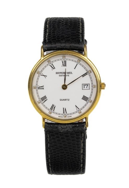 Raymond Weil Quartz Watch, Model: 5514-2 White Dial Gold Plated Stainless Steel Case with Black Leather Strap. Signs of Wear and Tear (Not Currently Running) (VAT Only Payable on Buyers Premium)